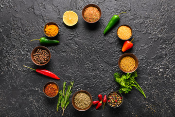 Frame made of different spices on dark background