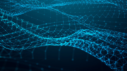 Network of dots connected by lines. DNA twisted structure. Abstract background. Big data visualization. 3D rendering.