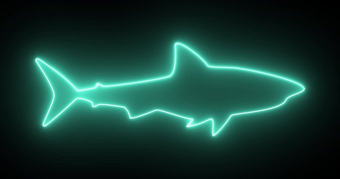 Blue glowing neon silhouette of shark on transparent background