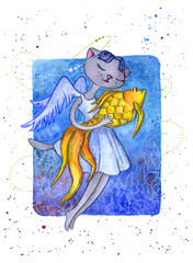 Illustration Angel Cat with Gold Fish Funny Character Romantic Christmas Card