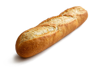 French baguette made of wheat flour, with a crisp crust, on a white background