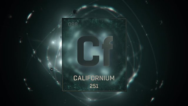 Californium as Element 98 of the Periodic Table. Seamlessly looping 3D animation on green illuminated atom design background with orbiting electrons. Design shows name, atomic weight and element numbe