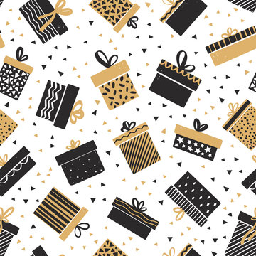 Seamless pattern of Christmas gifts. Unique design for holiday packaging