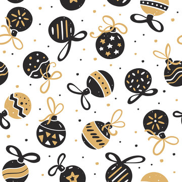 Seamless pattern of Christmas balls in black-gold style. Unique holiday packaging design
