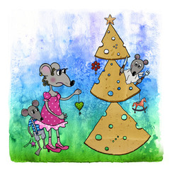 Funny Mouse and Cheese Christams Tree Christmas and New Year Card on blue watercolor background