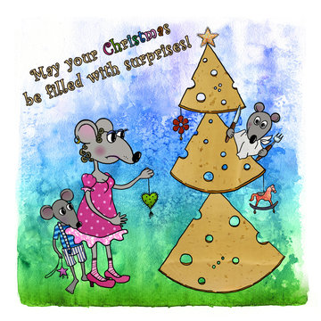 Funny Mouse and Cheese Christams Tree Christmas and New Year Card on blue watercolor background