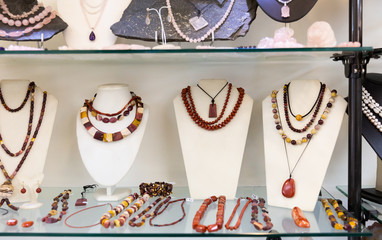 Showcase with natural stone jewelry