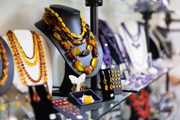 Jewelry made of amber on display