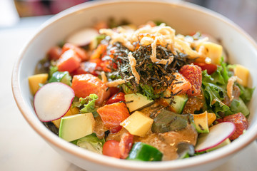 Homemade Salmon salad with mixed vegetables.