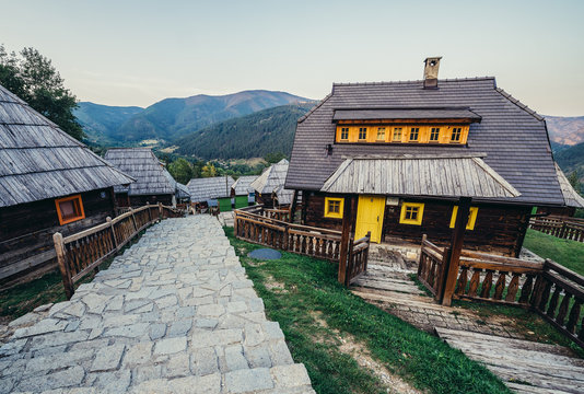Drvengrad, Serbia - August 28, 2015. Guest houses in Drvengrad village built by Emir Kusturica