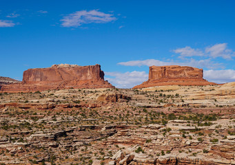 Fototapeta premium Large red rock sentinels quietly watch over the road to Canyonlands National Park.