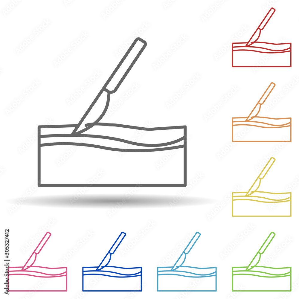 Poster skin, wrinkle, surgery knife in multi color style icon. simple thin line, outline vector of anti age