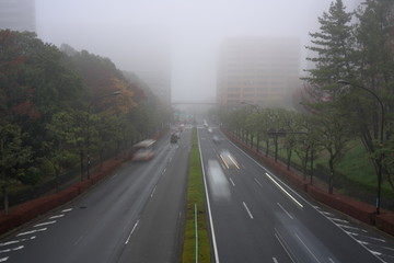 Tokyo,Japan-November 25, 2019: Foggy street at the suburb of Tokyo in the morning