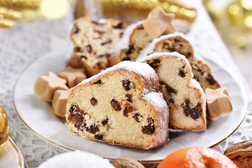Christmas stollen cake on festive table