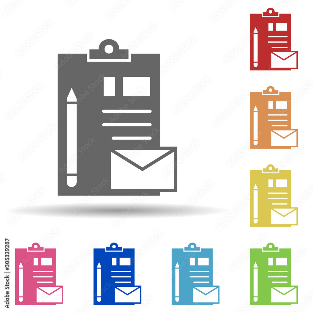 Poster paper, pen, envelope in multi color style icon. simple glyph, flat vector of business icons for ui a