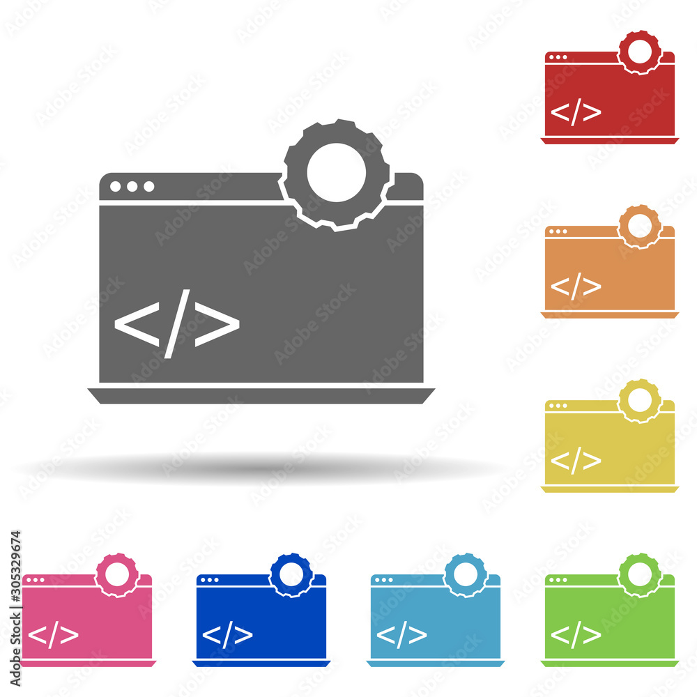 Poster laptop, coding, development process in multi color style icon. simple glyph, flat vector of business