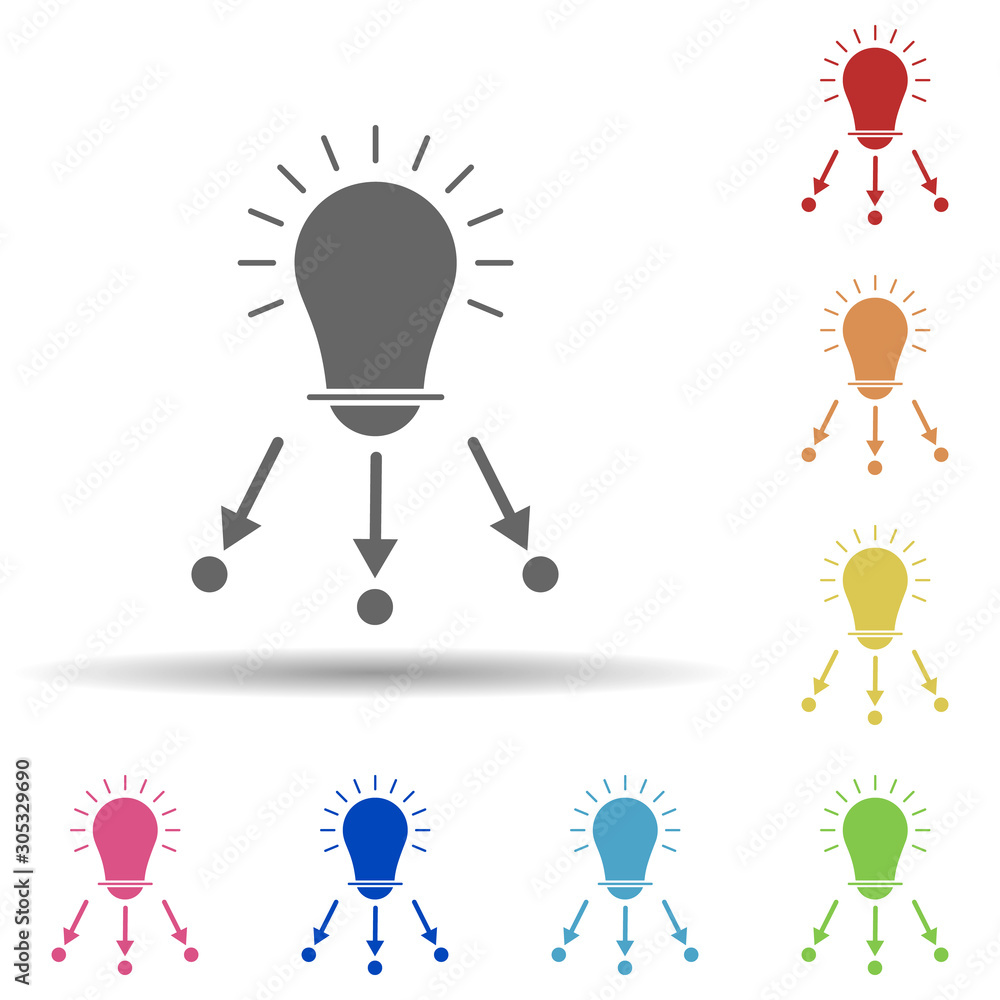 Poster bulb, arrow, resource allocation in multi color style icon. simple glyph, flat vector of business ic