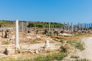 Fototapeta na wymiar Perga or Perge, an ancient Greek city in Anatolia, a large site of ancient ruins, now in Antalya Province on the Mediterranean coast of Turkey.