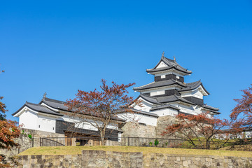 Fototapeta premium Scenery of the Shirakawa Komine castle, Japan. Castle was founded in 1340, rebuilt in 1627, destroyed in war of 1868 and reconstructed in 1991