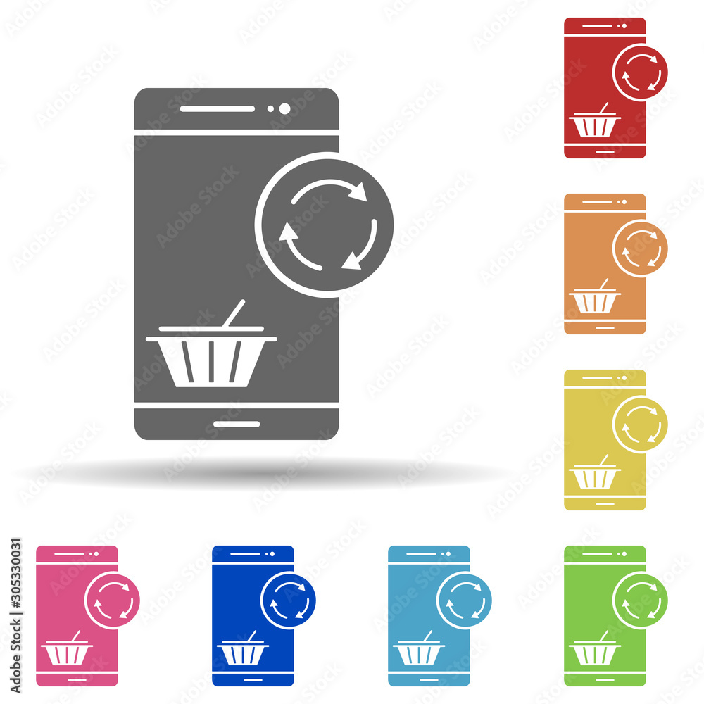 Poster mobile phone, basket, transaction system in multi color style icon. simple glyph, flat vector of bus