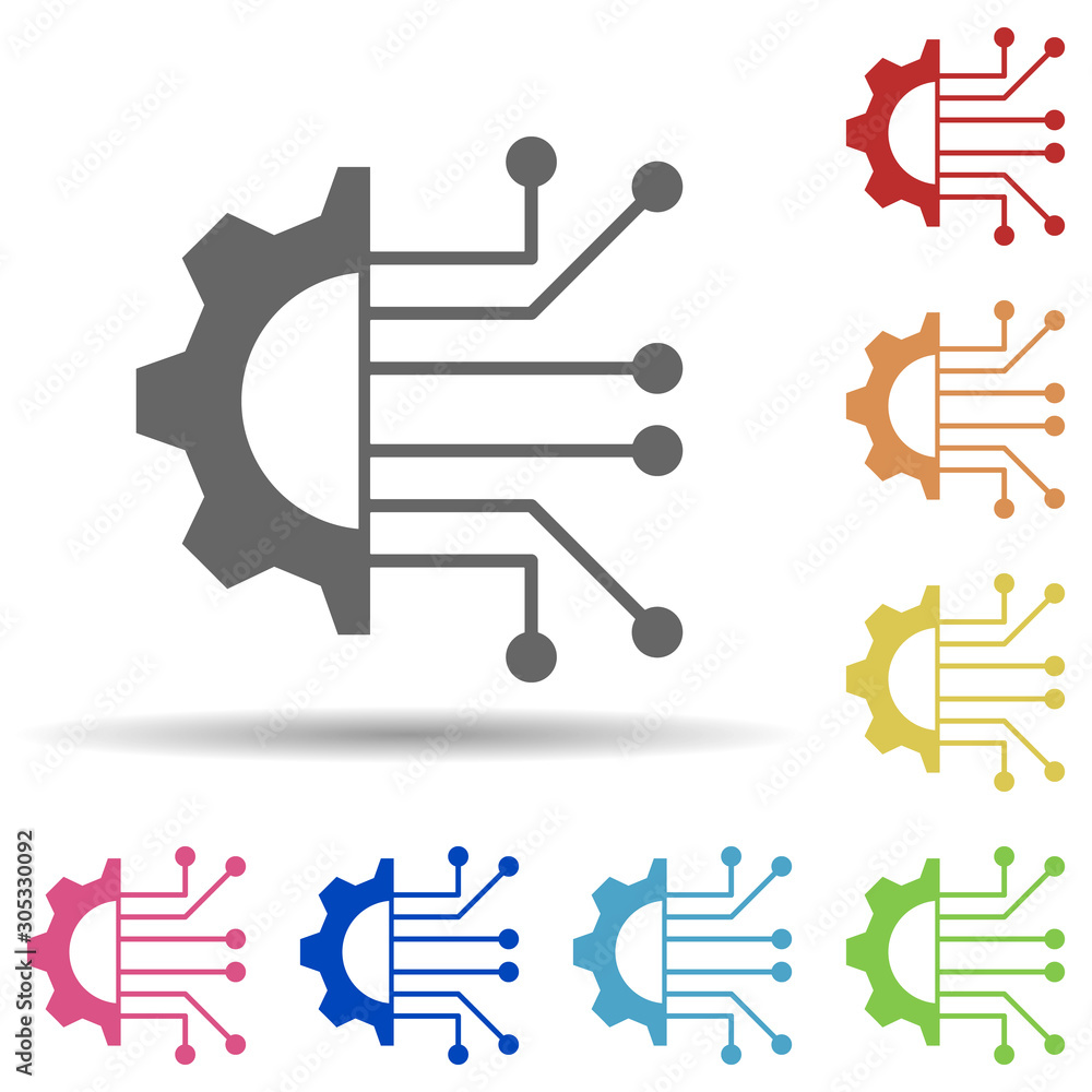 Poster gear, circuit board, data integration in multi color style icon. simple glyph, flat vector of busine