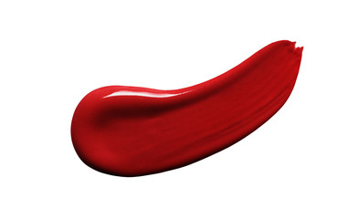 Liquid lipstick swatch smear smudge isolated on white. Dark red color makeup beauty product sample