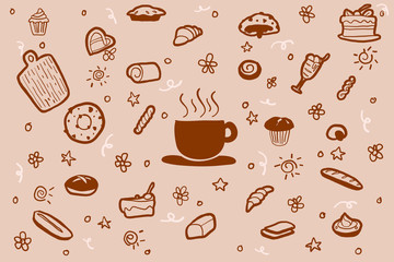 Drawing doodle of coffee and bakery set. Best for wallpaper or background decoration, publishing, sign, banner design. editable with layers vector illustration.