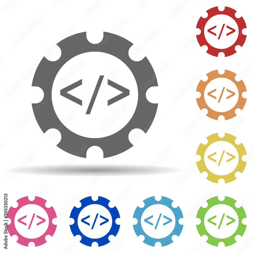 Poster gear, codding, development process in multi color style icon. simple glyph, flat vector of business 