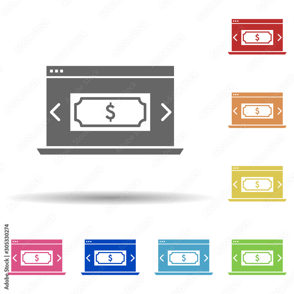 Poster laptop, dollar, monitoring transactions in multi color style icon. simple glyph, flat vector of busi