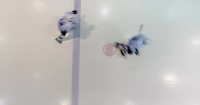 Everyday, regular training of a professional hockey team on the ice rink, top view. Copter ( drone ) shooting