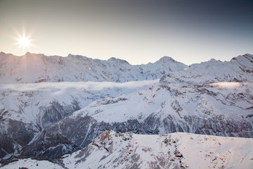amazing snow covered peaks in the Swiss alps Jungfrau region from Schilthorn