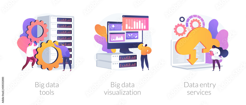 Poster big data metaphors icons set. large amount of information storage, sharing, analysis and processing.