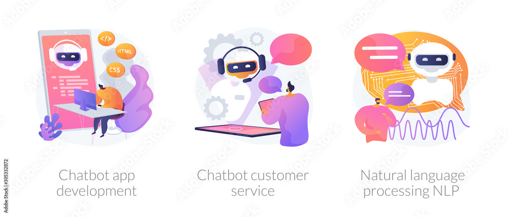 Poster chatbot icons set metaphors. information engineering, artificial intelligence, chatbot app developme