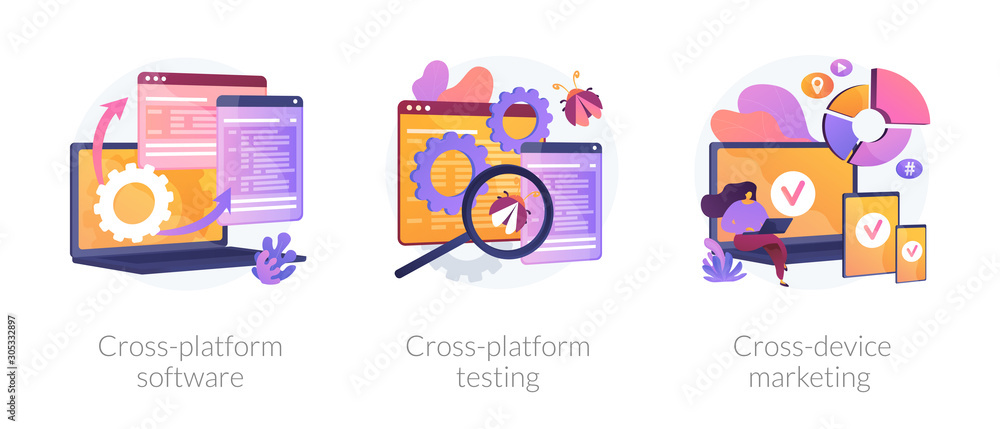 Sticker Cross-platform software metaphors. Multi-platform testing, platform-independent software, cross device marketing. Cartoon programmer character. Vector isolated concept metaphor illustrations