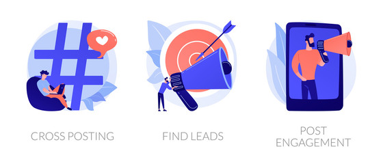 Fototapeta premium Modern promotion methods icons set. Marketing network. SMM business, customer attraction campaign. Cross-posting, find leads, post engagement metaphors. Vector isolated concept metaphor illustrations