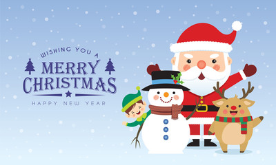 Cute cartoon santa claus, reindeer, snowman & christmas elf on snowy gradient background. Christmas character flat design. Xmas greetings illustration.