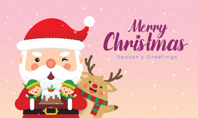 Cute cartoon santa claus holding christmas cake with christmas elves & reindeer on snowy gradient background. Christmas character flat design. Xmas greetings illustration.