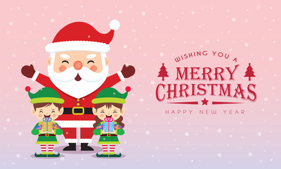 Cute cartoon santa claus & christmas elves holding gifts on snowy gradient background. Christmas character flat design. Xmas greetings illustration.