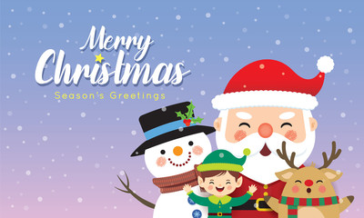 Cute christmas character : santa claus, reindeer, snowman and christmas elf on snowy gradient background. Christmas cartoon flat design. Xmas season's greetings illustration.