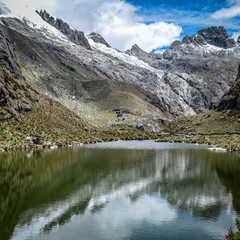 Mountains reflections on a glacial lake in the Cordillera, Blanca. Huaraz, Peru