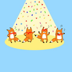 Cute foxes showing various actions, Funny baby foxes dancing collection, Hand drawn cartoon doodles style.