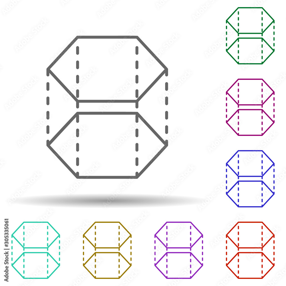 Poster 3d hexagon with dashed lines multi color icon. simple thin line, outline vector of geometric figures