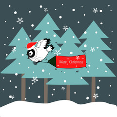 Cute owl flying in winter pine forest, Hand drawn design for Christmas and New Year greeting cards, fabric, wrapping paper, invitation, stationery.