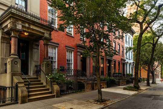 Brownstone facades & row houses at sunset in an iconic neighborhood of Brooklyn Heights in New York City © auseklis