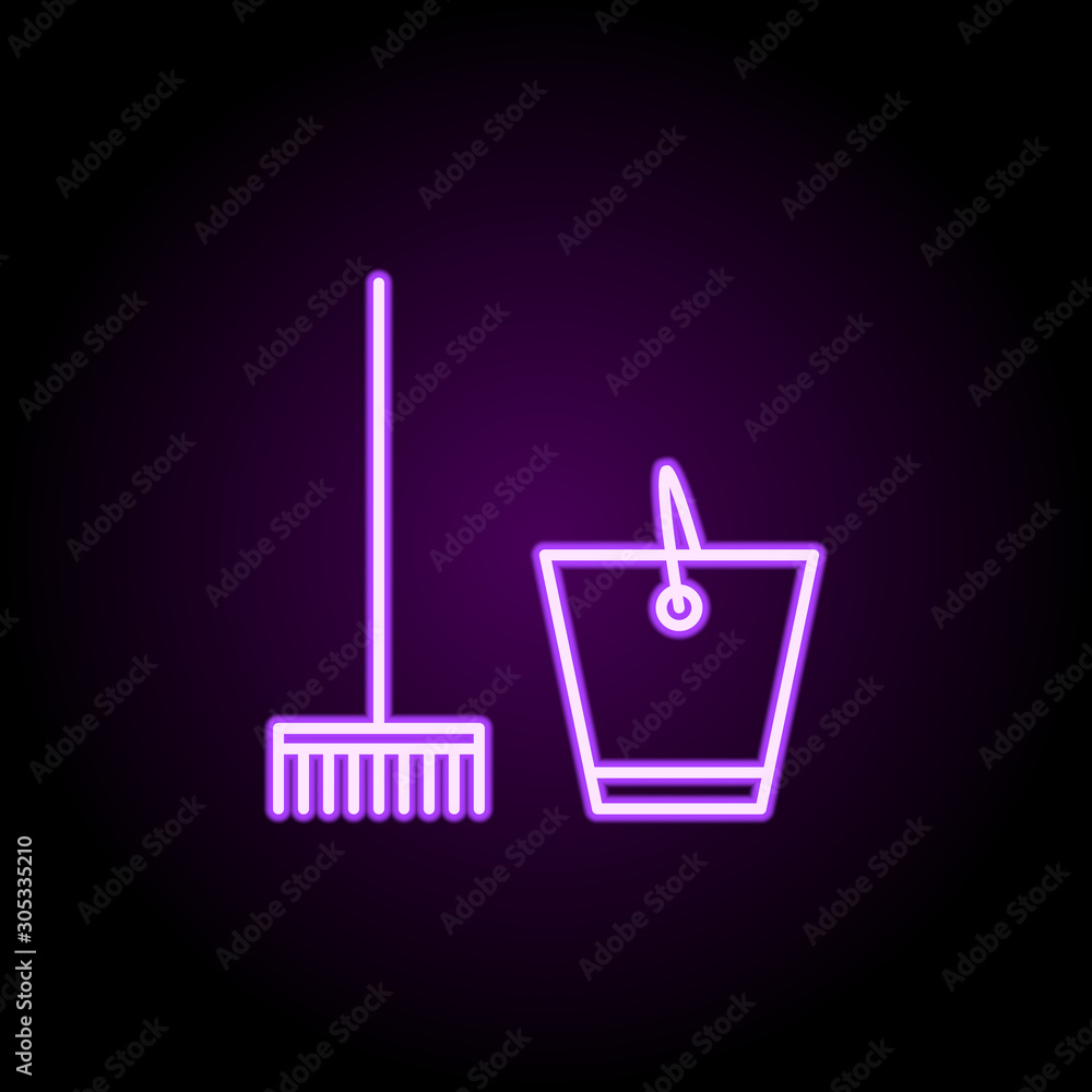 Poster mop and bucket neon icon. simple thin line, outline vector of cleaning icons for ui and ux, website 