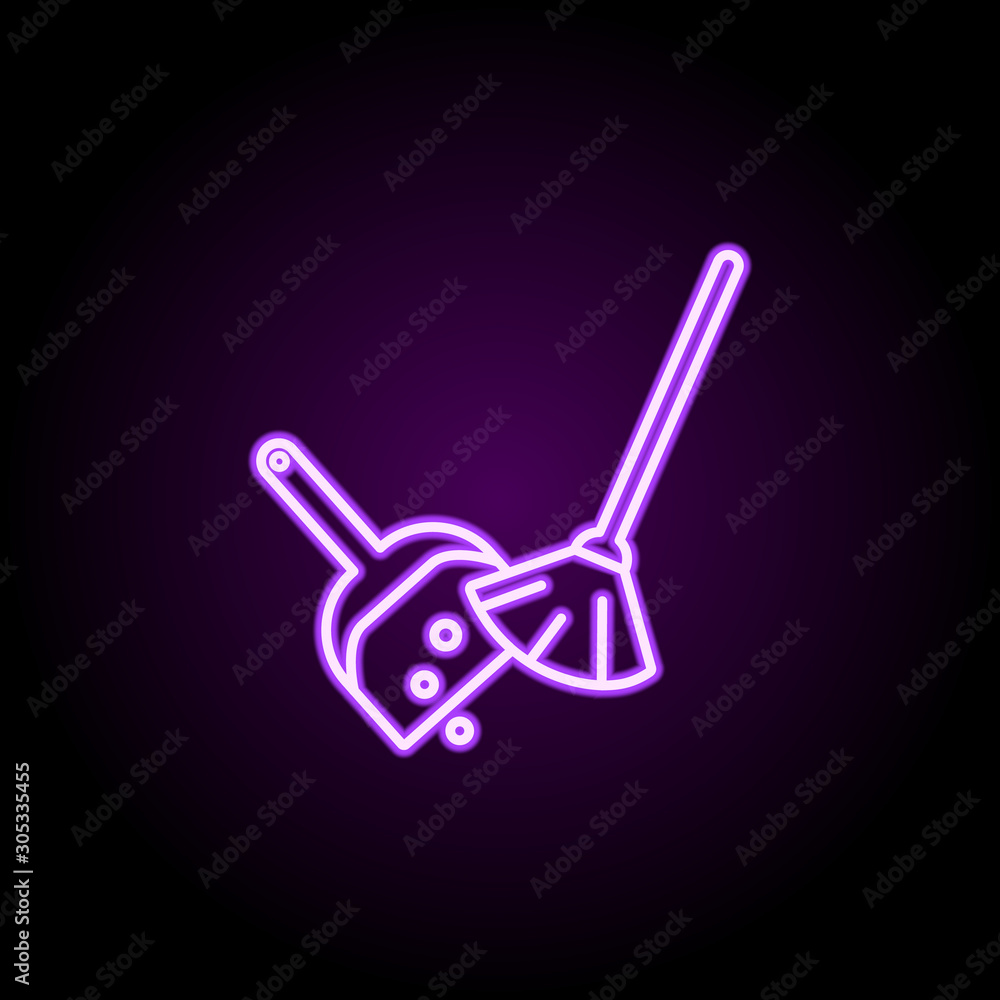 Poster dushpan and broom neon icon. simple thin line, outline vector of cleaning icons for ui and ux, websi