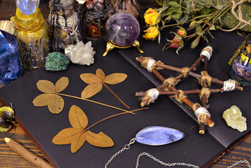 Pentagram, open diary, four-leaf clover and gemstone with herbs on witch table.