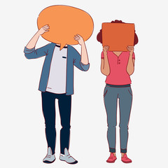 Young people with colorful dialog speech bubbles. Communication, teamwork and connection vector concept