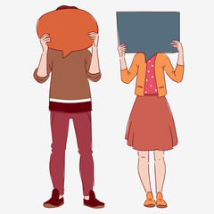 Young people with colorful dialog speech bubbles. Communication, teamwork and connection vector concept