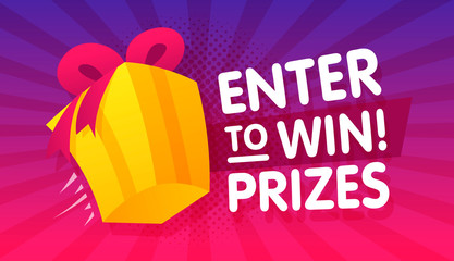 Enter to win prizes gift box. Cartoon style banner template. Vector illustration